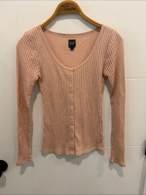 GAP Women's Blush Pink Ribbed Button-Up Long Sleeve Top size XS